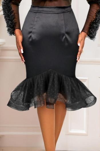 casual plus size slight stretch stitching mesh high-waist midi skirt