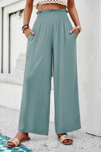 bohemian casual non-stretch pure color smocked waist pocket loose pants