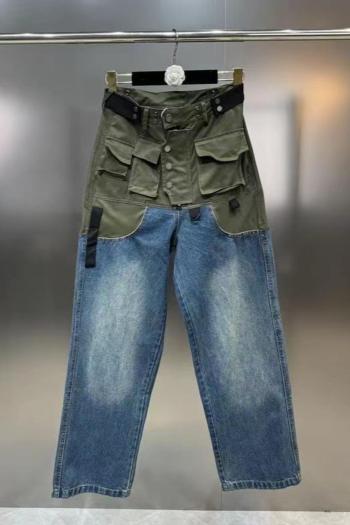 stylish non-stretch denim patchwork mid waist loose cargo jeans