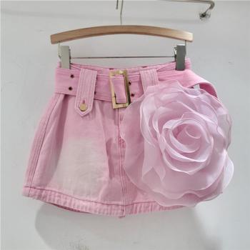 stylish non-stretch denim 3d flower with lined belt mini skirt(size run small)