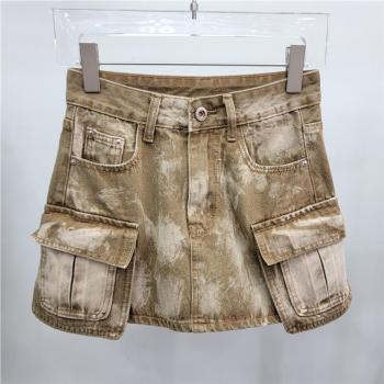 stylish non-stretch denim pocket with lined cargo mini skirt(size run small)