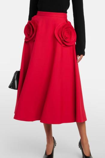 stylish non-stretch solid color three-dimensional flower high waist midi skirt