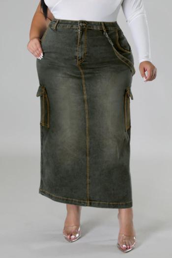 stylish plus size slight stretch high waist slit maxi denim skirt