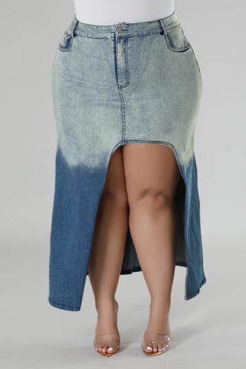 stylish plus size slight stretch gradient color slit high waist maxi denim skirt