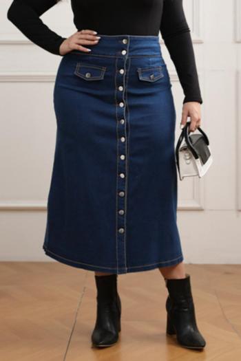 stylish plus size slight stretch solid single breasted high waist midi denim skirt