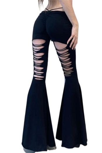 sexy slight stretch solid color hole decor lace-up pants