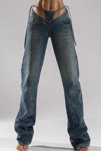 stylish slight stretch fake panty design lace-up straight jeans