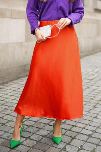 casual non-stretch simple solid color satin midi skirt
