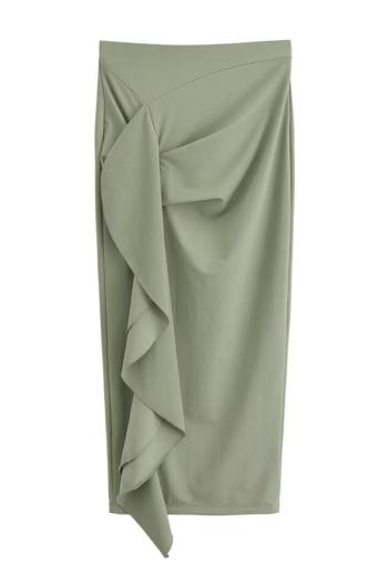 casual non-stretch solid color high-waist shirring midi skirt