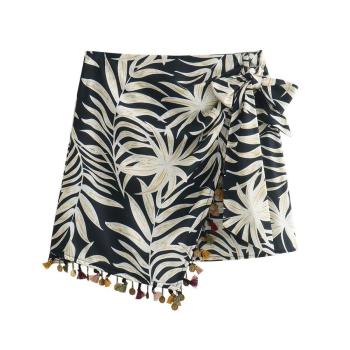 sexy non-stretch leaf batch printing high-waist tassels lace-up mini skirt