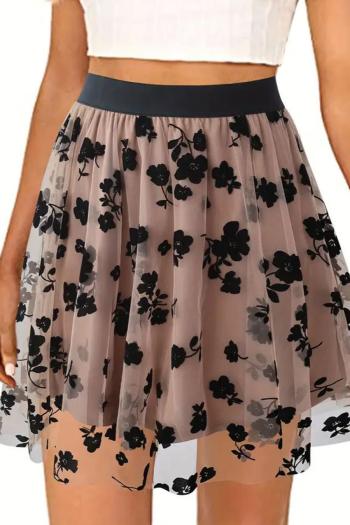 stylish plus size slight stretch flower flocking mesh with lined mini skirt