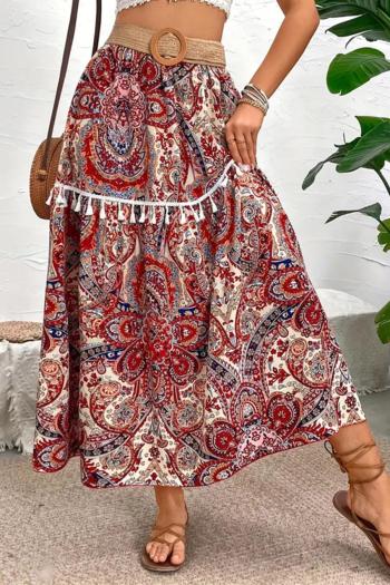 bohemian non-stretch paisley graphic batch printing tassel all-match midi skirt