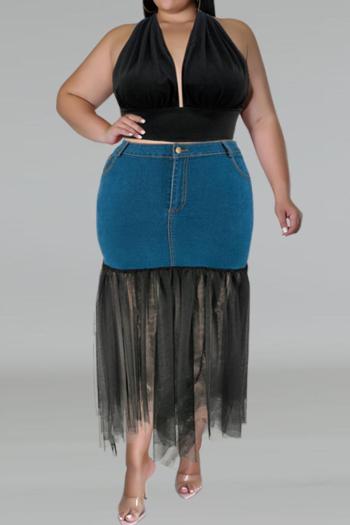 sexy plus size slight stretch denim mesh patchwork maxi skirt (only skirt)