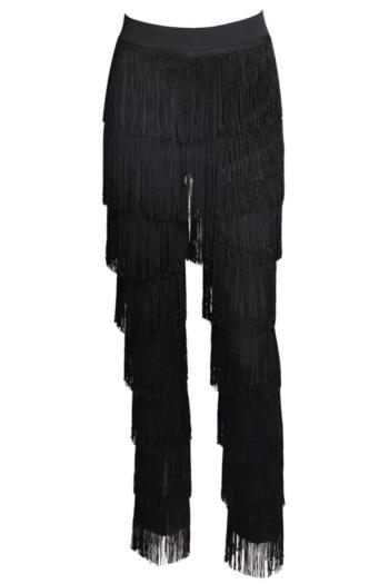 casual slight stretch solid colors tassels decor high-waist pants