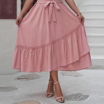 casual plus size non-stretch solid color high waist loose midi skirt