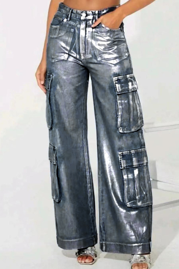 casual stylish plus-size slight stretch bronzing silver denim cargo pants
