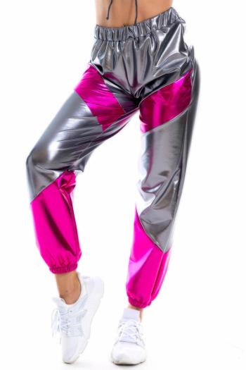 stylish plus size slight stretch color-block holographic street style pants