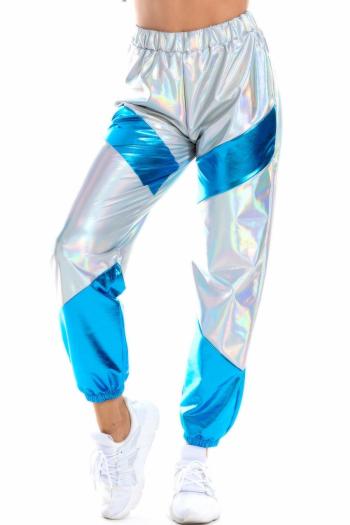 stylish plus size slight stretch color-block laser holographic street pants