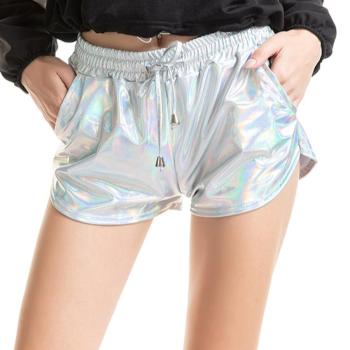 stylish plus size slight stretch laser holographic drawstring hot shorts