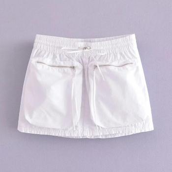 casual non-stretch solid color high-waist drawstring mini skirt