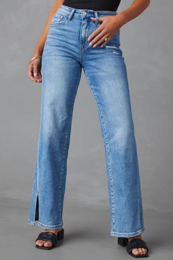 casual plus size slight stretch denim high-waist slit jeans
