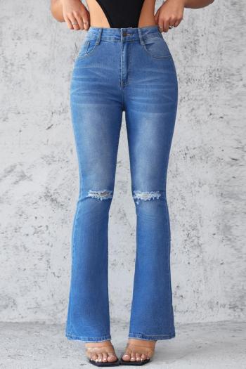 casual plus size slight stretch denim hole decor high-waist bootcut jeans