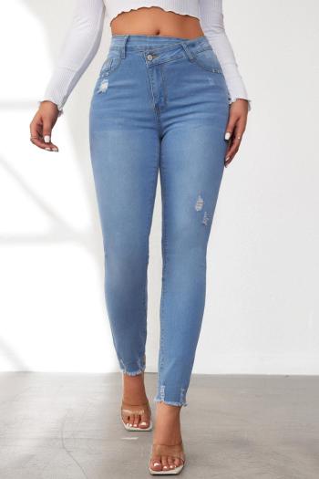 casual plus size slight stretch denim hole decor high-waist slim jeans