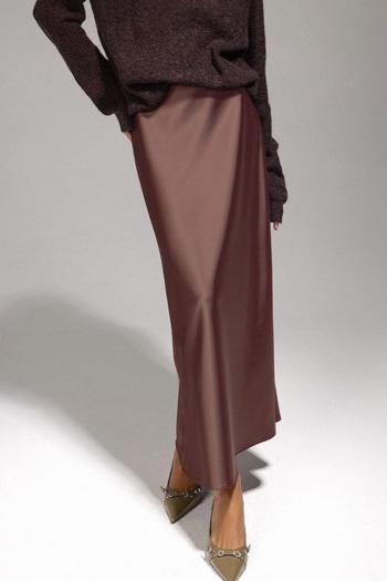 solid color non-stretch stylish zip-up satin casual slim skirt