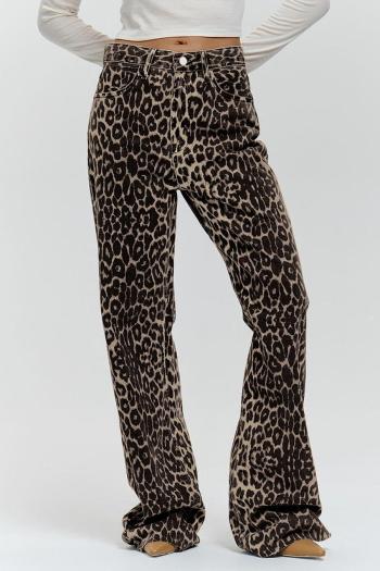 stylish leopard batch printing loose non-stretch zip-up casual pants