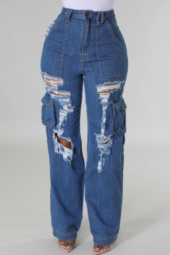 sexy plus size slight stretch hole decor high-waist jeans