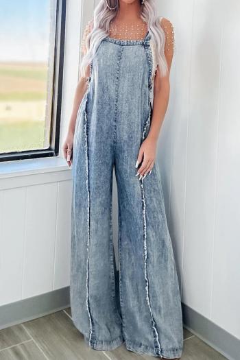 casual non-stretch washed denim raw edges loose overalls