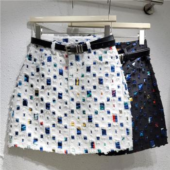 new non-stretch ripped zip-up with belt slim a-line mini skirt size run small