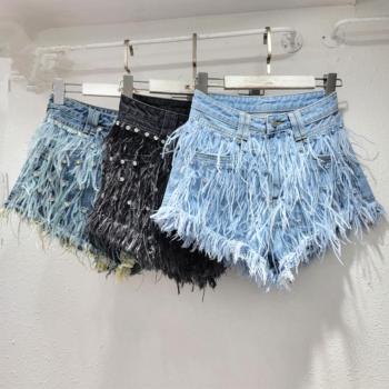 summer stylish feather tassel rhinestone non-stretch denim shorts size run small