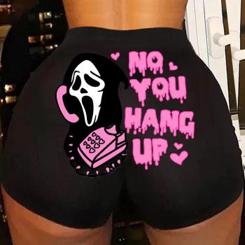 sexy plus size slight stretch cartoon skeleton letter printing high-waist shorts