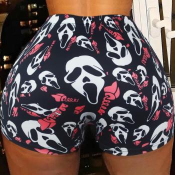sexy plus size slight stretch cartoon skeleton batch printing high-waist shorts