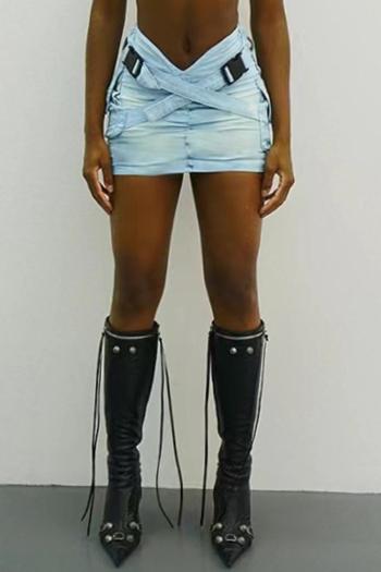 sexy slight stretch denim cross release buckle all-match cargo mini skirt