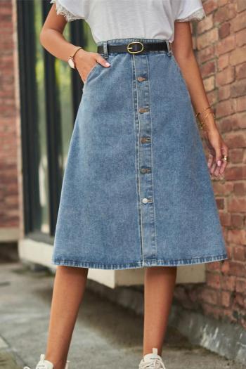 casual plus size non-stretch single-breasted flared denim midi skirt(no belt)