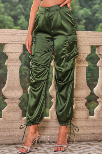 xs-l stylish non-stretch satin high waist drawstring cargo pants