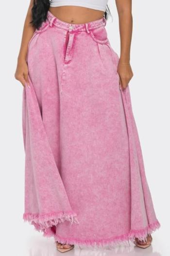 stylish non-stretch pure cotton denim raw hem all-match maxi skirt