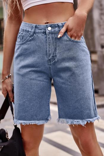 casual plus size non-stretch simple solid color pocket rough edge denim shorts
