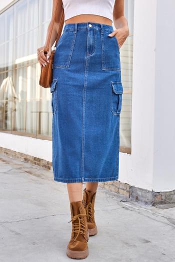 Casual plus size non-stretch stylish cargo slit solid color denim midi skirt