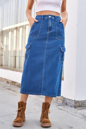 Casual plus size non-stretch stylish cargo slit solid color denim midi skirt