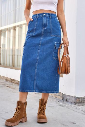 Casual plus size non-stretch stylish cargo slit solid color denim midi skirt
