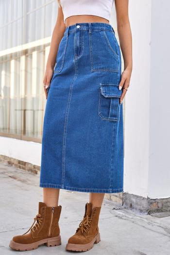 Casual plus size non-stretch stylish cargo slit solid color denim midi skirt
