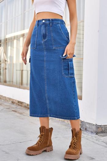 Casual plus size non-stretch stylish cargo slit solid color denim midi skirt
