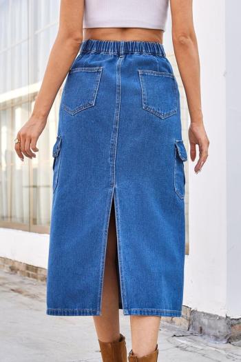 Casual plus size non-stretch stylish cargo slit solid color denim midi skirt