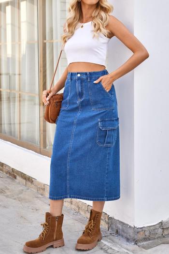 Casual plus size non-stretch stylish cargo slit solid color denim midi skirt