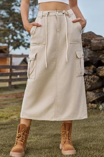 casual plus size non-stretch solid drawstring cargo slim slit denim midi skirt