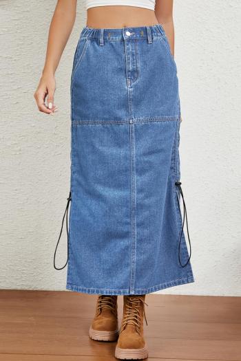 casual plus size non-stretch pocket drawstring solid color denim midi skirt