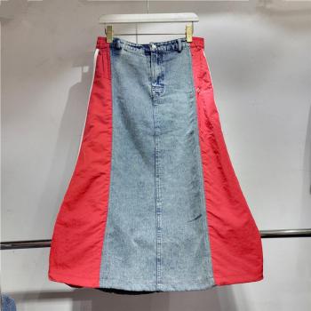 casual non-stretch stitching denim high-waist midi cargo skirt size run small